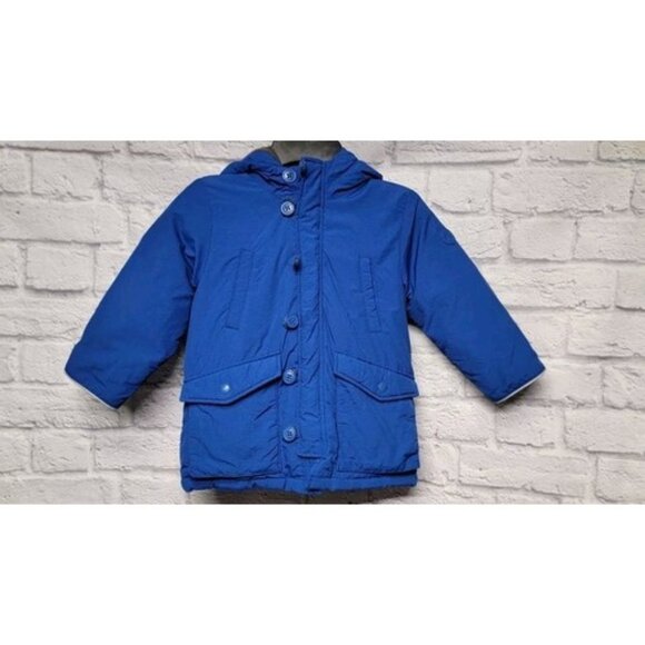 BABY GAP BOYS 3 YEARS BLUE GRAY HOODED ZIP BUTTON POCKETS WINTER SNOW COAT - Picture 1 of 16
